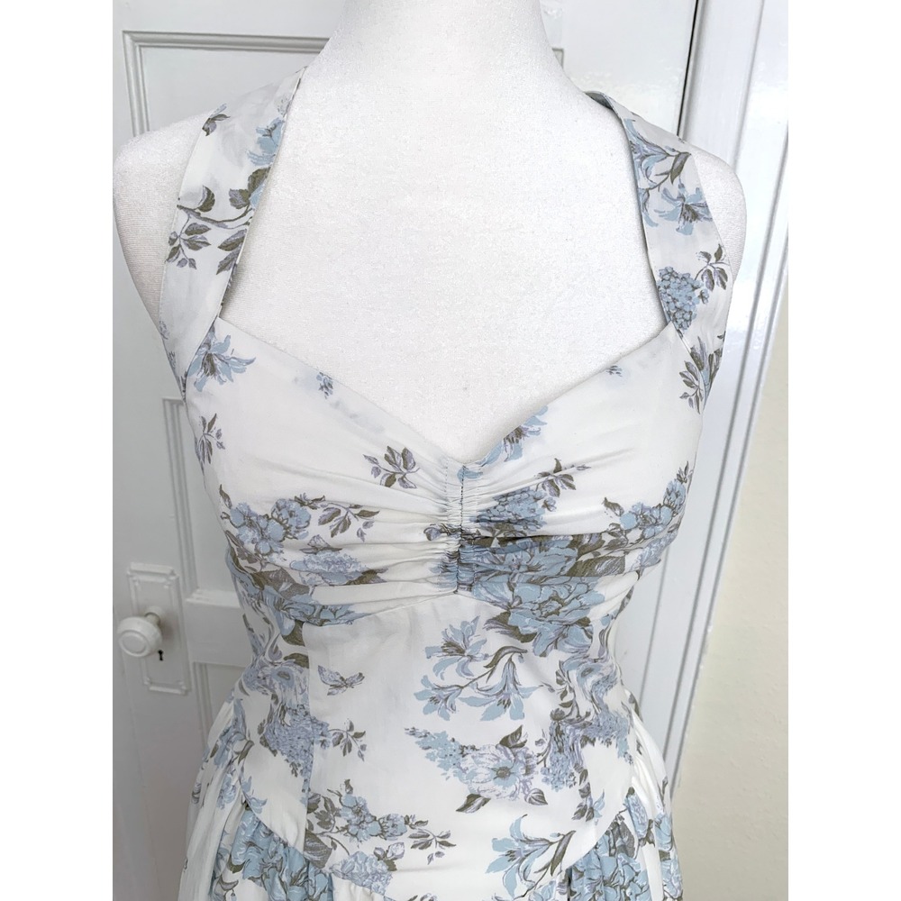 Floral Halter Sun Dress XS Coquette Blue White Sweetheart V-Waist Cottagecore - Picture 15 of 16